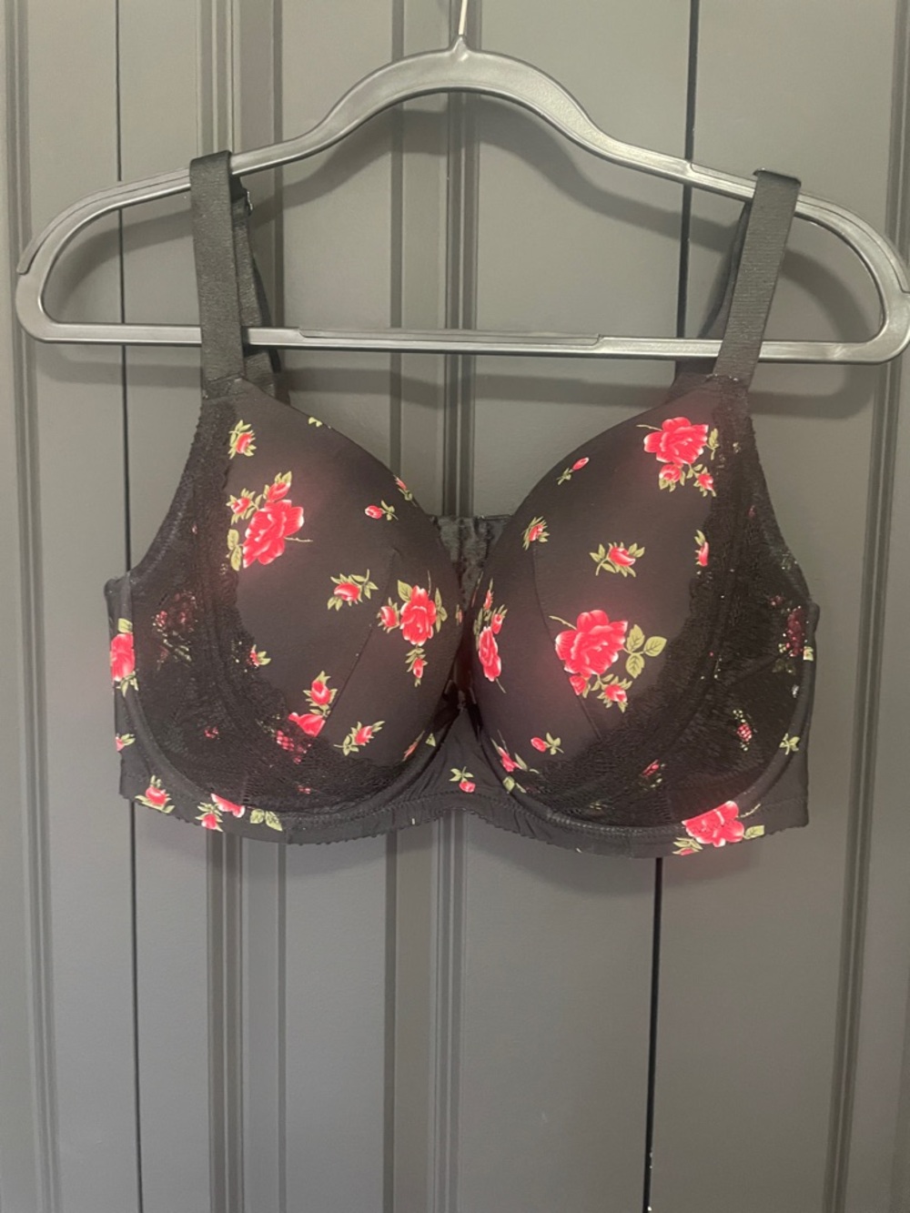 Black Floral Underwire Bra with Pink Rose Print